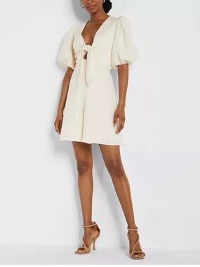 Express Linen Blend Puff Sleeve Tie Front Romper (Sz L) Creme